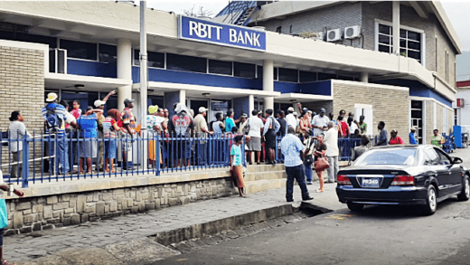Long lines outside RBTT Bank In Kingstown on Wednesday. (Photo: Jerry S. George)