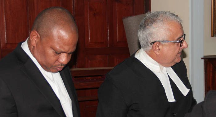Two of the lawyers for the respondents, Anthony Astaphan, QC, right, and Richard Williams. (IWN photo)