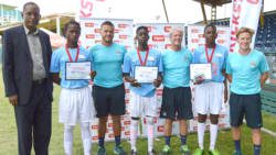 The three selectees -- Nigel Mathias, Joash Nash and Javorn Clasp  -- with SVGFF President, Venold Coombs and Manchester City FC coaches. 