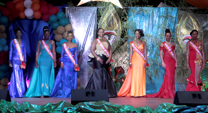Miss P'tani 2016 contestants in evening wear. From left: Wenique Walker -- Miss Reddog Garage, Keishell Robertson -- Miss Fanfare Events, Stacy Payne -- Miss Prime Consulting, Zakiyah Mofford -- Miss Touch of Pearl, Lourie John -- Miss People's Pharmacy, Regisha Hazell -- Miss Dazzle, Antoria Cumberbatch -- Miss Cato's Heavy Equipment. (IWN photo)