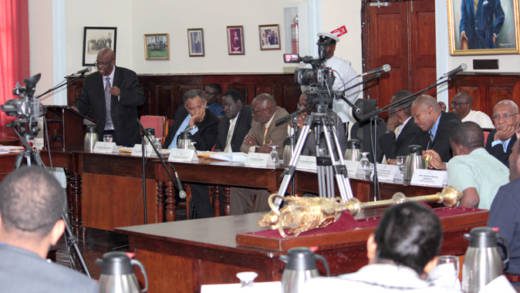 Opposition Leader Arnhim Eustace and other opposition MPs in Parliament in June, the first of two times for this year. (IWN photo)