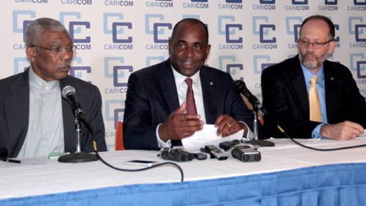 CARICOM Chairman Prime Minister Roosevelt Skerrit (center) flanked by President David Granger (left) and CARICOM Secretary General Irwin La Rocque. (CMC Photo)