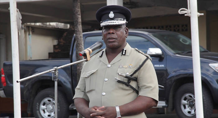 Commissioner of Police Michael Charles addresses his final Commissioner's Parade on Thursday. (IWN photo)