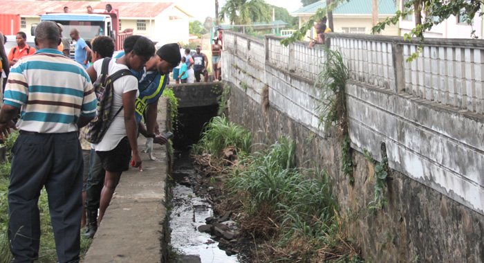 A plain-clothes police officer and other persons look into the ditch after the vehicle was removed. (IWN photo)