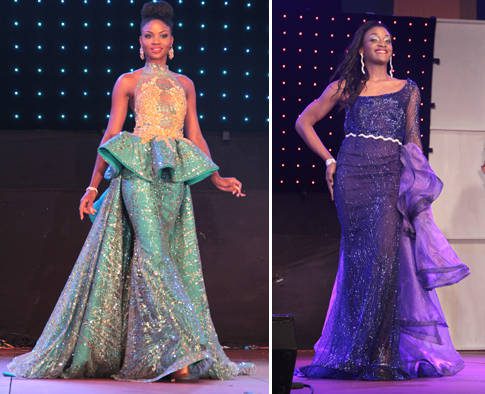 Miss SVG Nikianna Williams, left, and MIss St. Lucia, Yvana David in their Kimon Baptiste designs at Miss Carival 2016. (IWN photos)