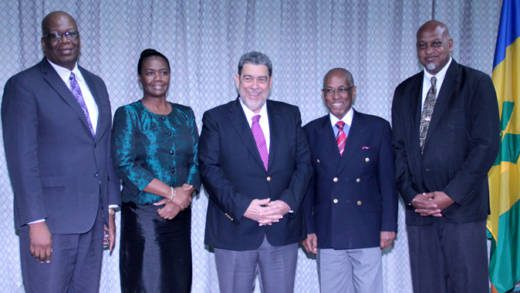 From left: Ambassadors designate Ellsworth John and Lou-Ann Gilchrist, Prime Minister Dr. Ralph Gonsalves, Foreign Minister Sir Louis Straker, and Ambassador designate Howie Prince. (IWN photo) 