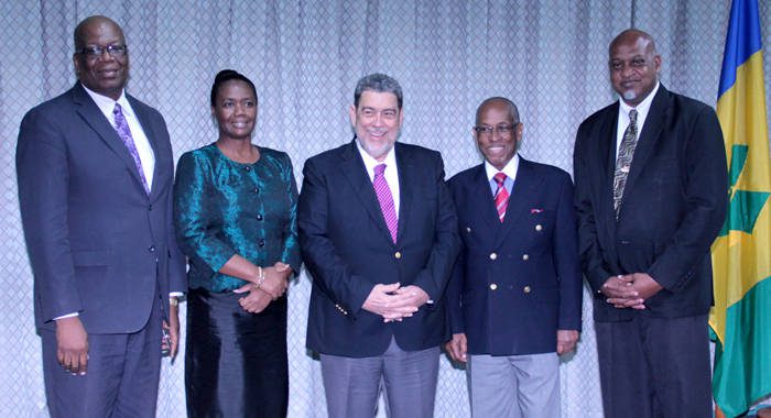 From left: Ambassadors designate Ellsworth John and Lou-Ann Gilchrist, Prime Minister Dr. Ralph Gonsalves, Foreign Minister Sir Louis Straker, and Ambassador designate Howie Prince. (IWN photo) 