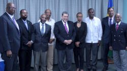 Prime Minister Dr. Ralph Gonsalves, centre, and Minister of Foreign Affairs, Sir Louis Straker, right, pose with ambassadors and ambassadors-designate. (IWN photo)