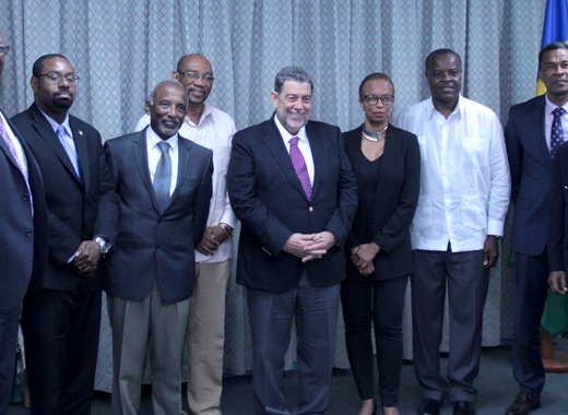 Prime Minister Dr. Ralph Gonsalves, centre, and Minister of Foreign Affairs, Sir Louis Straker, right, pose with ambassadors and ambassadors-designate. (IWN photo)