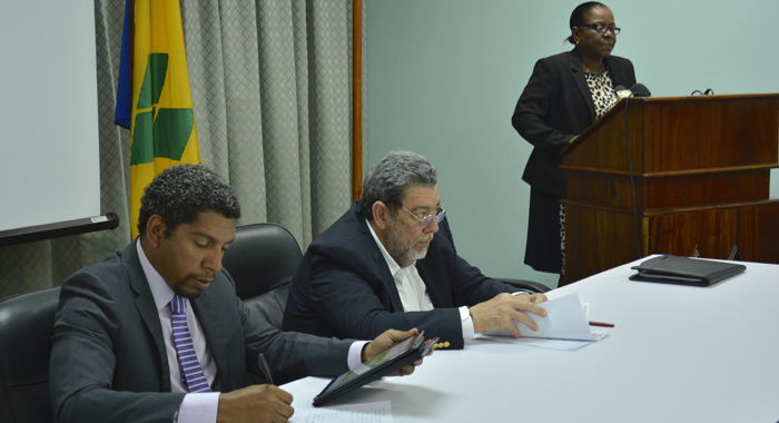From left: Minister of Economic Planning, Camillo Gonsalves, Prime Minister Dr. Ralph Gonsalves, Director of Planning Laura Anthony Browne at the launch.  (Photo: API)