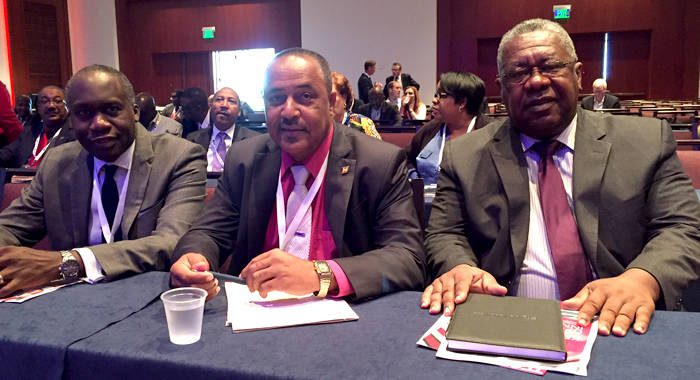 
Hon Vincent Byron, Chairman of ECTEL Council of Ministers, Hon Alvin Dabreo of Grenada, feature speaker, and Hon. Maxie Cuffie, Minister for Telecommunications for Trinidad and Tobago.