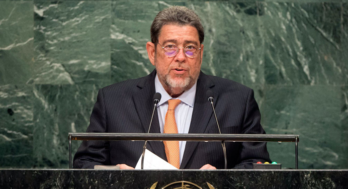 Prime Minister  Dr. Ralph Gonsalves addresses the United Nations on Friday. (UN Photo/Cia Pak)
