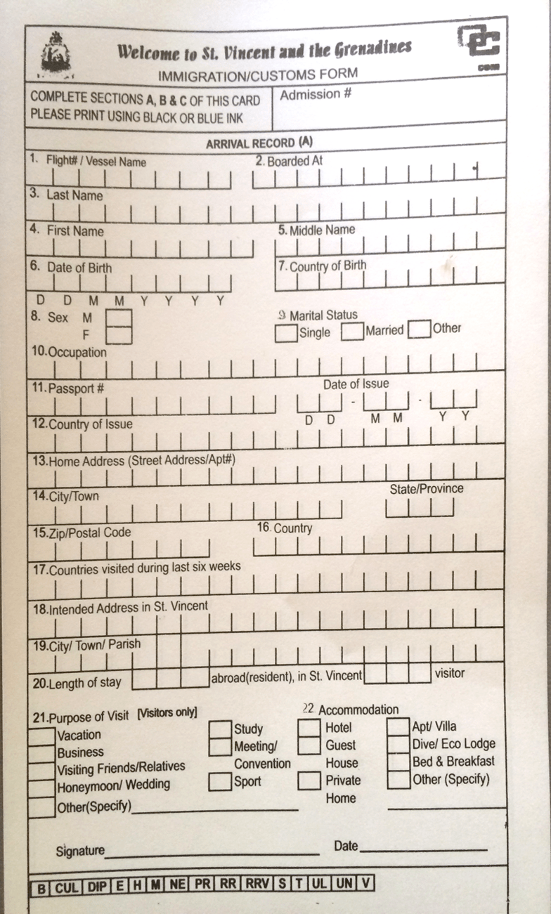 SVG Immigration/Customs Form.