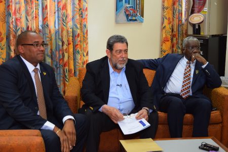 Barbados’ Prime Minister, Freundel Stuart, right, with Chairman of the shareholder governments of LIAT, Prime Minister Ralph Gonsalves of SVG, centre, and Barbados’ Minister of Tourism, Richard Sealy following Wednesday’s meeting. (Photo: Barbados Today)