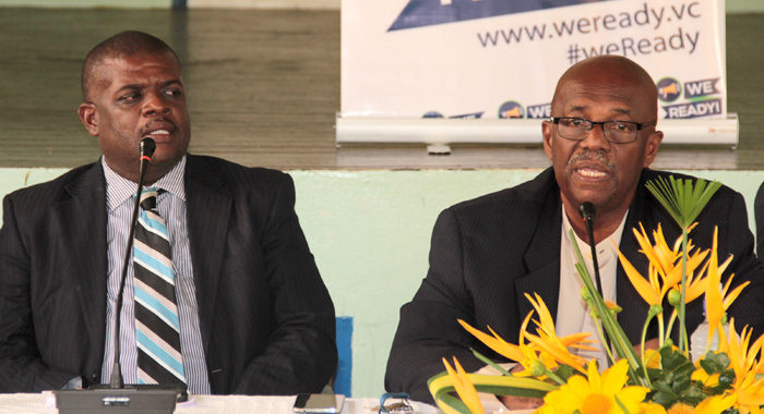 NDP president Arnhim Eustace, left, and North Leeward MP, Roland "Patel" Matthews at an NDP press conference in January. (IWN photo)