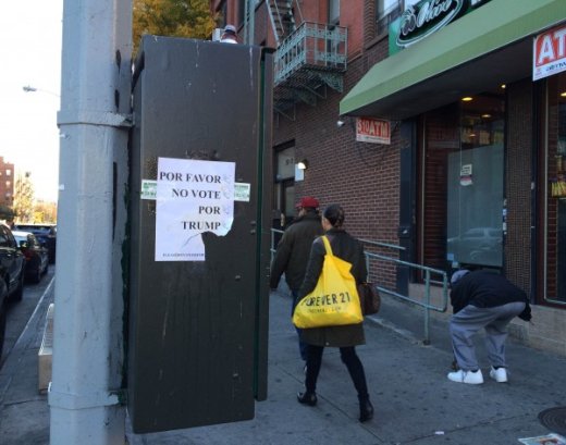 Signs in East Harlem, New York, an area with a high Hispanic population ask voters not to vote for Republican candidate Donald Trump. Credit: Lyndal Rowlands/IPS.
