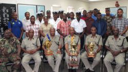 Acting Commissioner of Police, Renold Hadaway, third from right, flanked by Assistant Superintendent of Police Benzil Samuel, left; Assistant Commissioner of Police Frankie Joseph; Deputy Commissioner of Police Colin John; and Assistant Commissioners of Police Christopher Benjamin and Carlos Sampson.