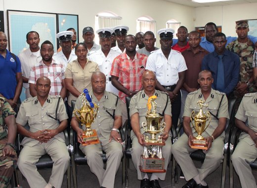 Acting Commissioner of Police, Renold Hadaway, third from right, flanked by Assistant Superintendent of Police Benzil Samuel, left; Assistant Commissioner of Police Frankie Joseph; Deputy Commissioner of Police Colin John; and Assistant Commissioners of Police Christopher Benjamin and Carlos Sampson.