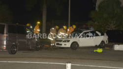 Barbados emergency responder use hydraulic rescue tools, also known as Jaws of Life, to cut open the car. (Photo: Barbados Nation)
