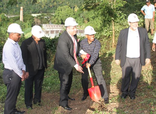The January 2017 groundbreaking at Peters Hope for the Black Sands Resort and Villas. Joseph Romano of PACE, left, and MP for Central Leeward, Sir Louis Straker turns the sod on Jan. 19, 2017 while Prime Minister Dr. Ralph Gonsalves, right, and other officials look on. (iWN photo)