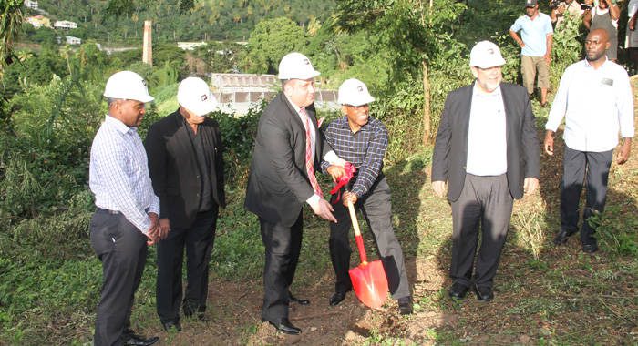 The January 2017 groundbreaking at Peters Hope for the Black Sands Resort and Villas. Joseph Romano of PACE, left, and MP for Central Leeward, Sir Louis Straker turns the sod on Jan. 19, 2017 while Prime Minister Dr. Ralph Gonsalves, right, and other officials look on. (iWN photo)