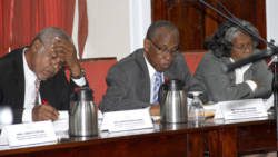 Sir Louis Straker, centre,  Housing Minister Montgomery Daniel and Attorney General Judith Jones-Morgan during Monday's debate. (iWN photo)