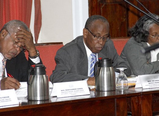 Sir Louis Straker, centre,  Housing Minister Montgomery Daniel and Attorney General Judith Jones-Morgan during Monday's debate. (iWN photo)