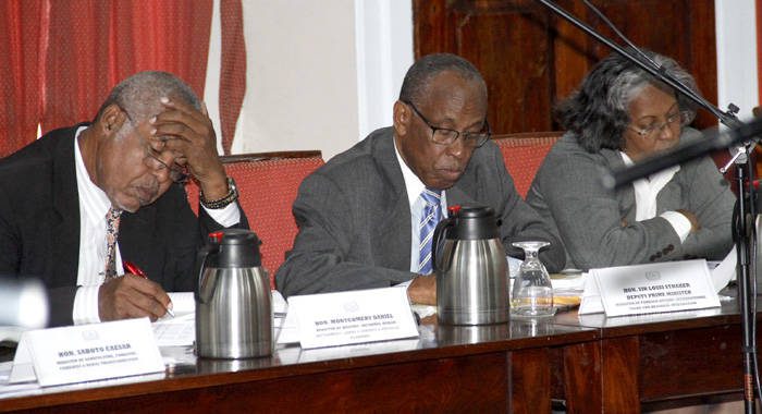 Sir Louis Straker, centre,  Housing Minister Montgomery Daniel and Attorney General Judith Jones-Morgan during Monday's debate. (iWN photo)