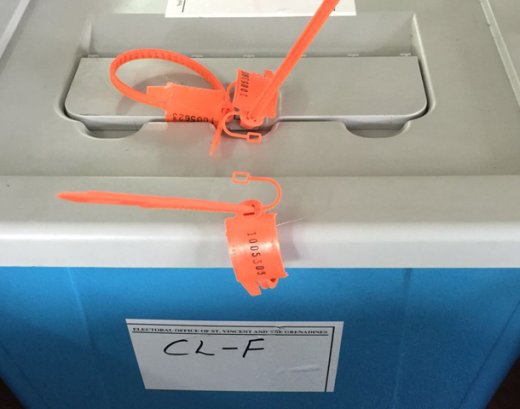 One of the plastic ballot boxes used in the 2015 general election. They were also used in the 2009 referendum and the 2010 general election.