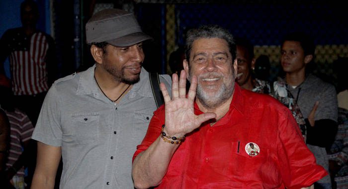 Prime Minister Ralph Gonsalves, seen here in March 2017 with his son and MP for East St. George, is hoping for a fifth term in office for the ULP.  (iWN photo)