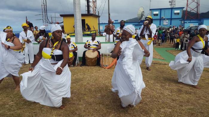 Members of the Chief Joseph Chatoyer Garifuna Folkloric Ballet of New York perform at Tuesday's ceremony. (Photo: Lance Neverson/Facebook)