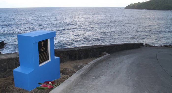 The seven students died when a minivan crashed into the sea at Rock Gutter, where this monument was erected in their memory last month. (iWN photo)
