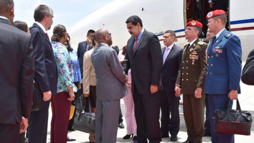 SVGs Minister of Foreign Affairs, Sir Louis Straker, left, greet President of Venezuela, Nicolas Maduro at Argyle International Airport on Wednesday. (Photo: SVG Airports) 