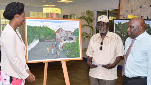 From left: Librarian at the National Archives, Jeon Adams-Julien, Owen Ralph and Education Minister Jimmy Prince, contemplate one of Ralph's paintings during Library Week.