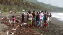 Onlookers at the scene in Sandy Bay on Tuesday. 