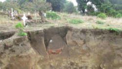 The Sandy Bay cemetery with coffin sticking out of the ground. Tombstones are down and most of the earth is removed.