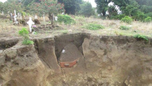 The Sandy Bay cemetery with coffin sticking out of the ground. Tombstones are down and most of the earth is removed.