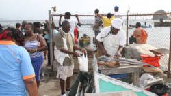 Persons sell fish at Fisherman's Day celebration in Calliaqua on Monday. (iWN Photo)