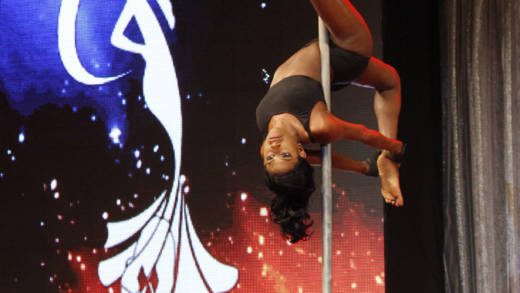 Miss SVG 2017 Jimelle Roberts shows off her pole dancing skills during Saturday's pageant. (iWN photo)