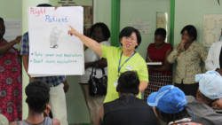 CCH Chief Pharmacist, Sock-ping Ng, introduces the 5 rights medication administration protocol to the Vincentian patients on July 17 at MCMH. 