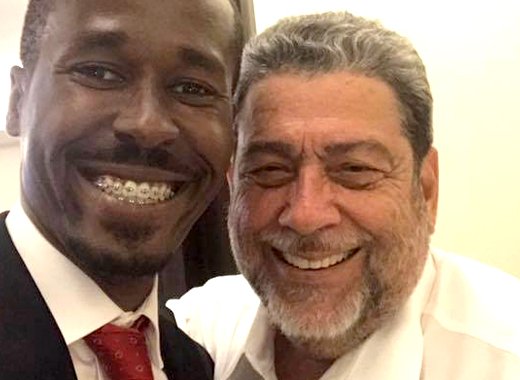 Prime Minister Dr. Ralph Gonsalves, left, and Deron Grant during a visit to Qatar earlier this year. (Photo: Facebook)