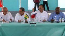 From left: Minister of Transportation, Sen. Julian Francis, PRime Minister Dr. Ralph GOnsalves, Taiwan's Vice-Minister of Foreign Affair, Der-li Liu, and SVG Minister of Agriculture, Saboto Caesar. (iWN photo)