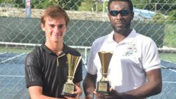 Singles champ and doubles runner up Eliot Spizzirri collects trophy from Brian Nash, president SVGTA.