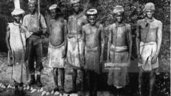 Black slaves guarded by their indigenous askari (soldier).