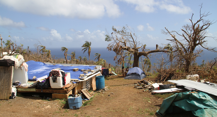 Kent Auguiste’s home in storm ravaged Bataca Dominica is now home for 12 persons three of whom sleep in a camping tent. CMC photo