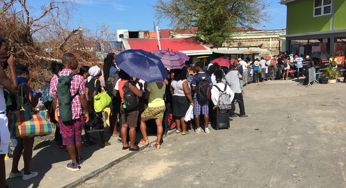 Persons queue outside the deep water harbour on Roseau on Thursday hoping for an opportunity to leave storm ravaged Dominica. CMC photo