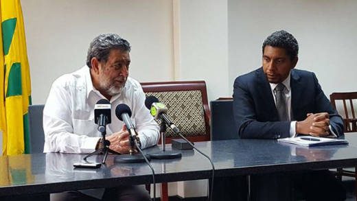 Prime Minister Dr. Ralph Gonsalves, left, and his son and Finance Minister, Camillo Gonsalves at Tuesday's press conference. (Photo: Lance Neverson/Facebook)