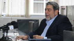 Prime Minister Dr. Ralph Gonsalves speaking at the press conference on Monday. (iWN photo)