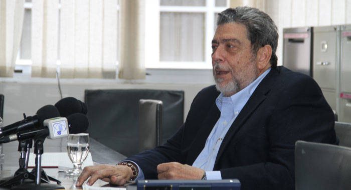 Prime Minister Dr. Ralph Gonsalves speaking at the press conference on Monday. (iWN photo)
