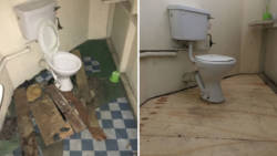 The restroom before and after the repairs. (iWN photos)